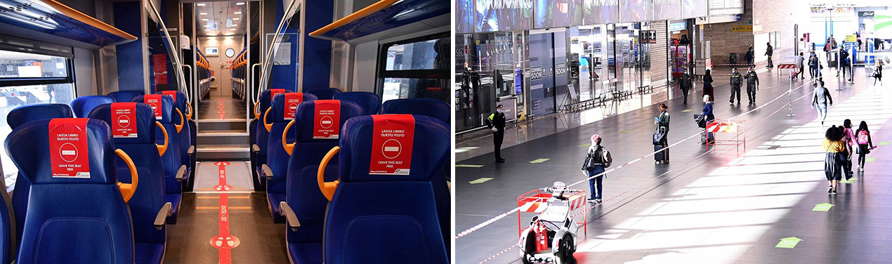 Foto: interno di un treno regionale e galleria della Stazione Termini